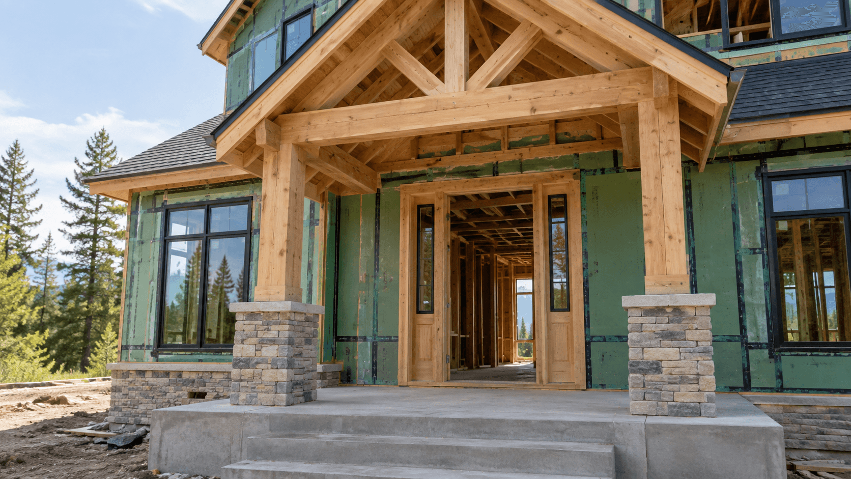 Illustrative residential home during porch and exterior construction